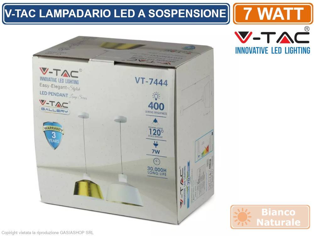 V-TAC VT-7444 LAMPADARIO A SOSPENSIONE LED 7W CAMPANA COLORE BIANCO-2