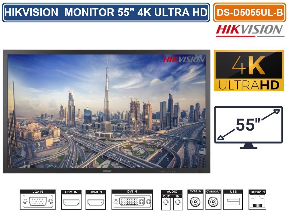 HIKVISION DS-D5055UL-B MONITOR PER VIDEOSORVEGLIANZA D-LED 55" STEREO SPEAKERS RISOLUZIONE 4K LVDS ULTRA HD-0