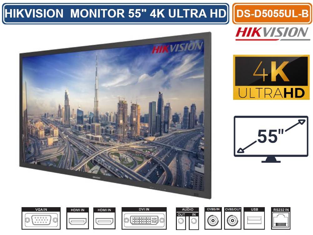 HIKVISION DS-D5055UL-B MONITOR PER VIDEOSORVEGLIANZA D-LED 55" STEREO SPEAKERS RISOLUZIONE 4K LVDS ULTRA HD-1