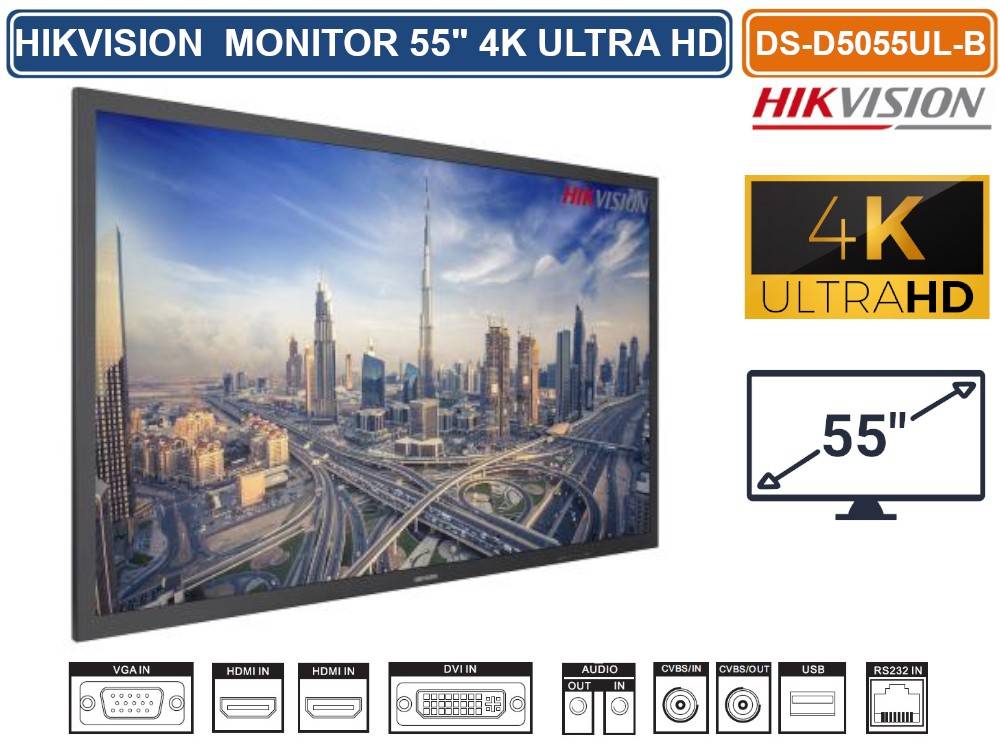 HIKVISION DS-D5055UL-B MONITOR PER VIDEOSORVEGLIANZA D-LED 55" STEREO SPEAKERS RISOLUZIONE 4K LVDS ULTRA HD-2