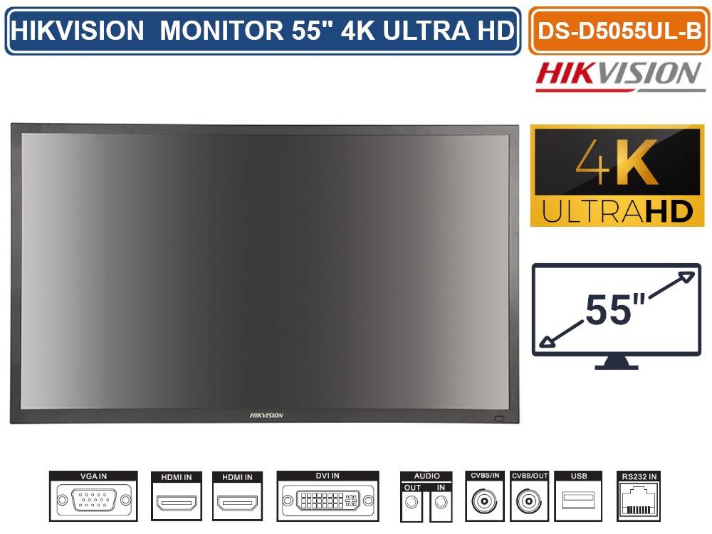HIKVISION DS-D5055UL-B MONITOR PER VIDEOSORVEGLIANZA D-LED 55" STEREO SPEAKERS RISOLUZIONE 4K LVDS ULTRA HD-3