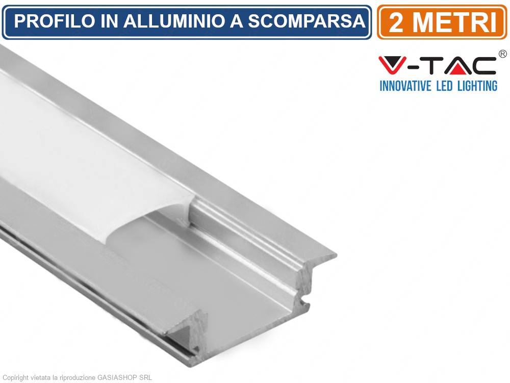 V-TAC Profilo Alluminio Silver per Strip LED Incasso (Max: 12,4mm) Satinato 2m-0