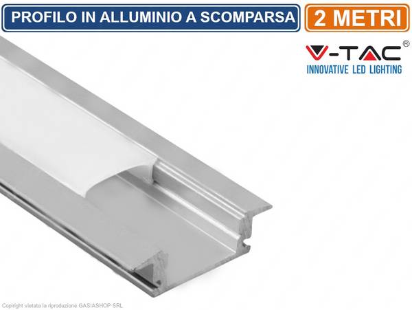 V-TAC Profilo Alluminio Silver per Strip LED Incasso (Max: 12,4mm) Satinato 2m