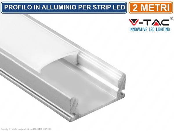 V-TAC Profilo Alluminio Silver per Strip LED (Max l: 12,4mm) Satinato 2000x17.4x7mm