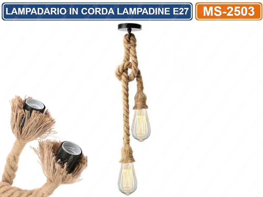 LAMPADARIO IN CORDA DOPPIO CON PORTALAMPADA PER LAMPADINE ATTACCO E27 2 METRI-0