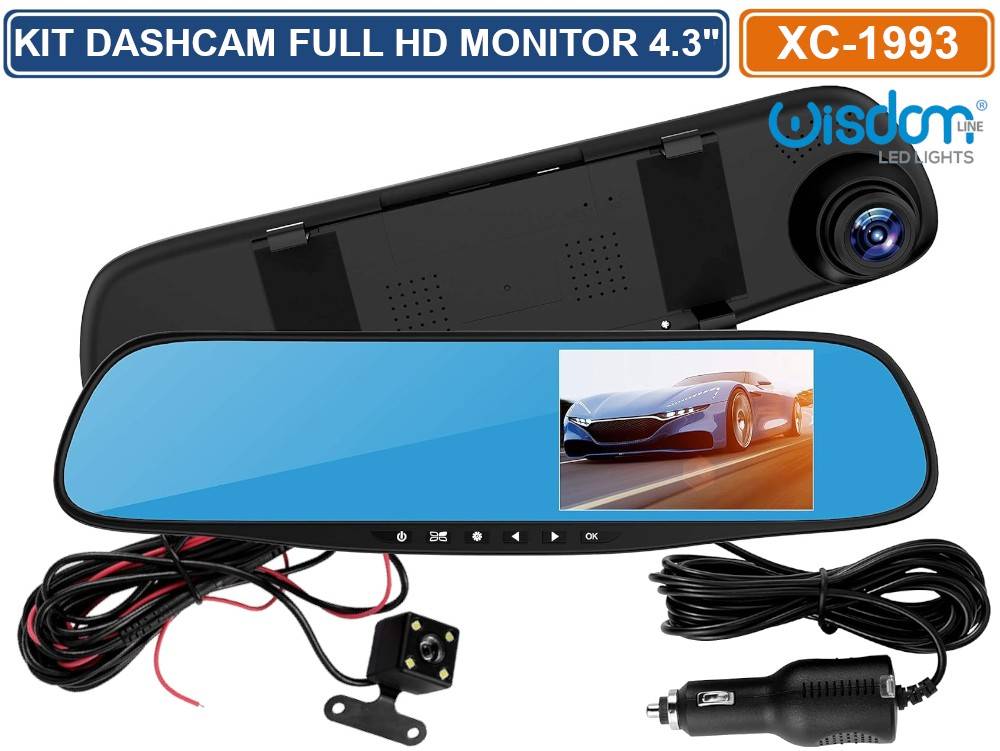KIT SPECCHIETTO RETROVISORE MONITOR 4.3" CON DASHCAM E TELECAMERA RETROMARCIA REGISTRA SD CARD FULL HD 1080P-1