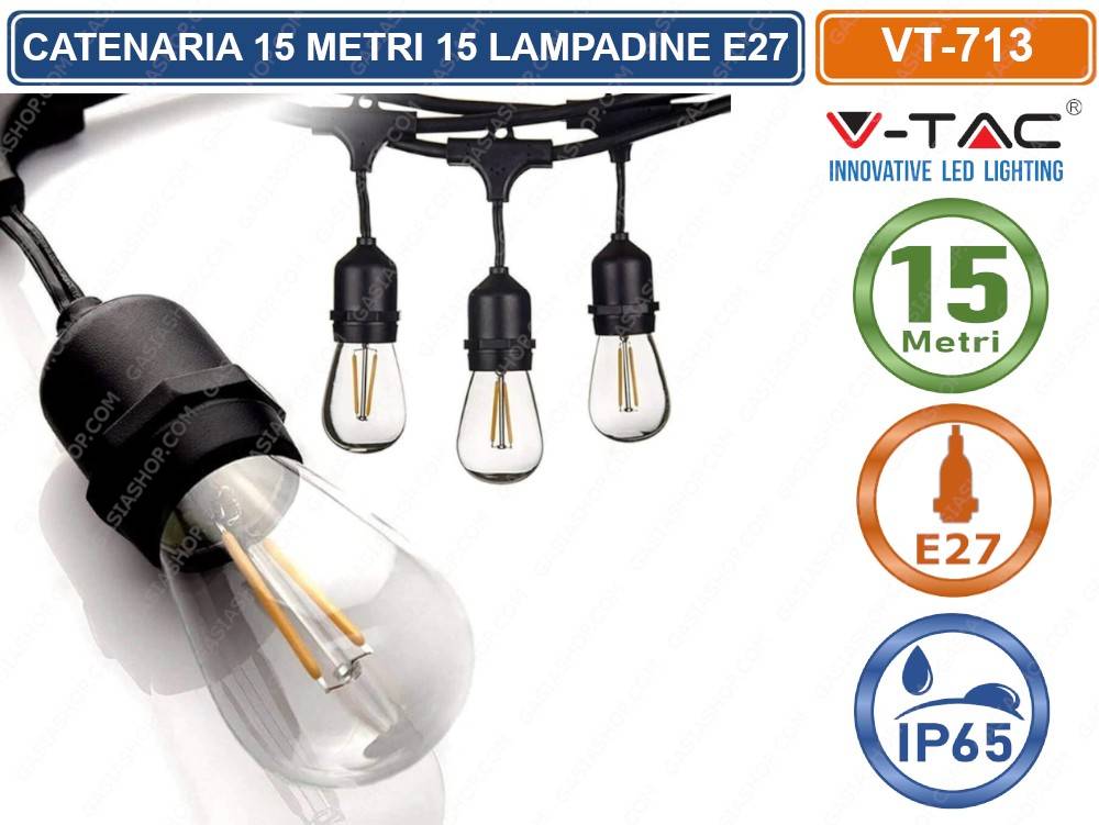 V-TAC VT-713 CATENA CATENARIA 15 METRI PER 15 LAMPADINE LED E27 PER ESTERNO-0