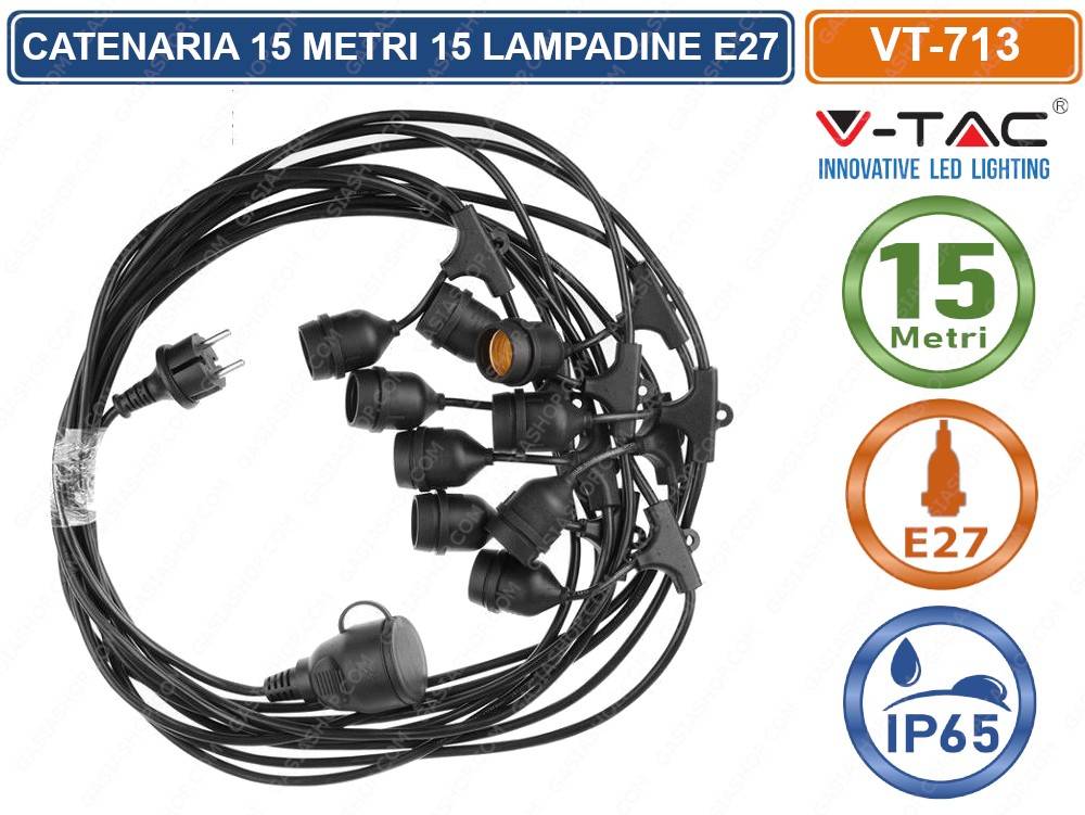V-TAC VT-713 CATENA CATENARIA 15 METRI PER 15 LAMPADINE LED E27 PER ESTERNO-1