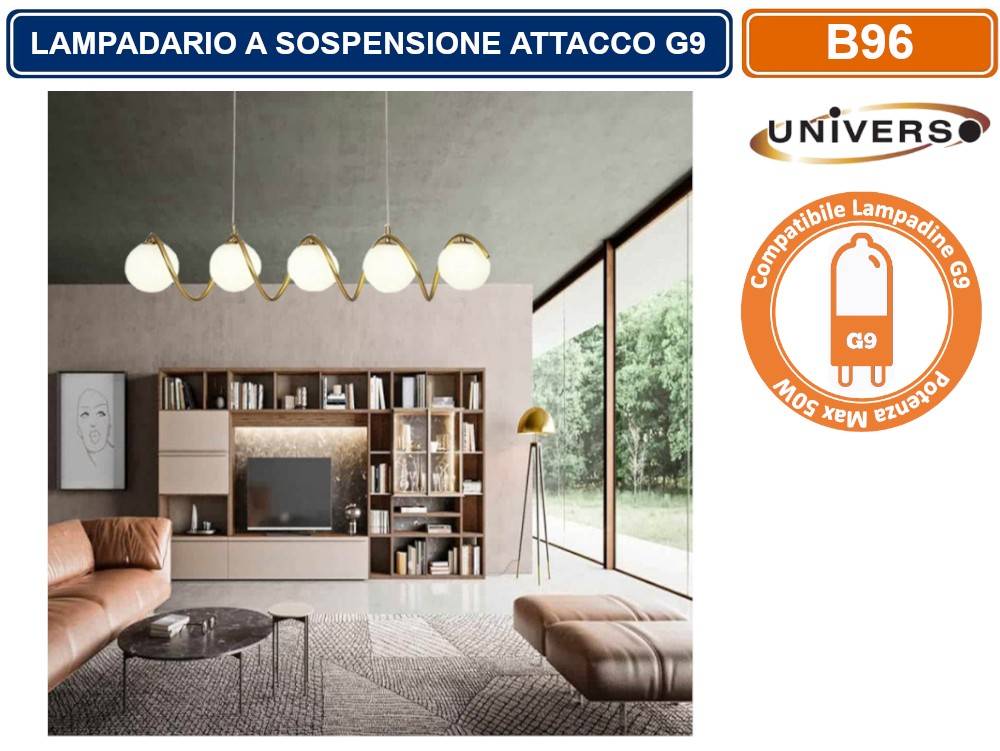 LAMPADARIO A SOSPENSIONE DA SOFFITTO TWISTER CON 5 SFERE IN VETRO ATTACCHI PER LAMPADINE G9-3