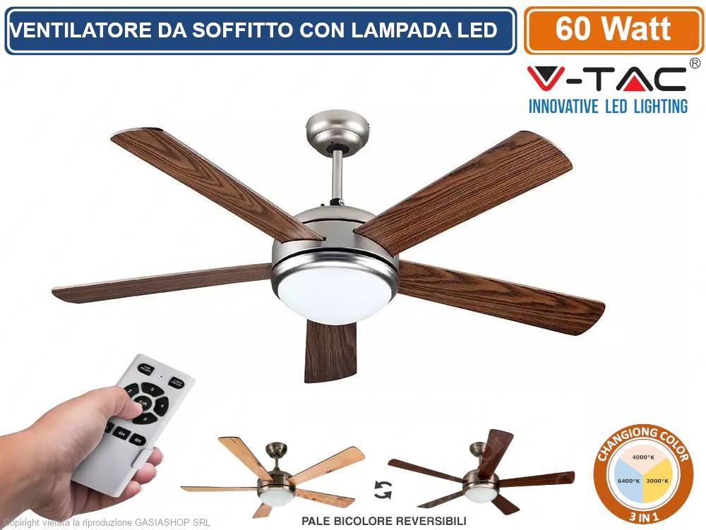 V-TAC VT-6052-5 VENTILATORE DA SOFFITTO 60W CON LAMPADA LED 15W 3IN1 CHANGING COLOR E TELECOMANDO-0