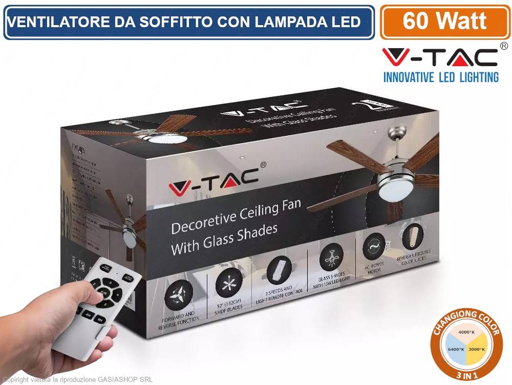 V-TAC VT-6052-5 VENTILATORE DA SOFFITTO 60W CON LAMPADA LED 15W 3IN1 CHANGING COLOR E TELECOMANDO-1