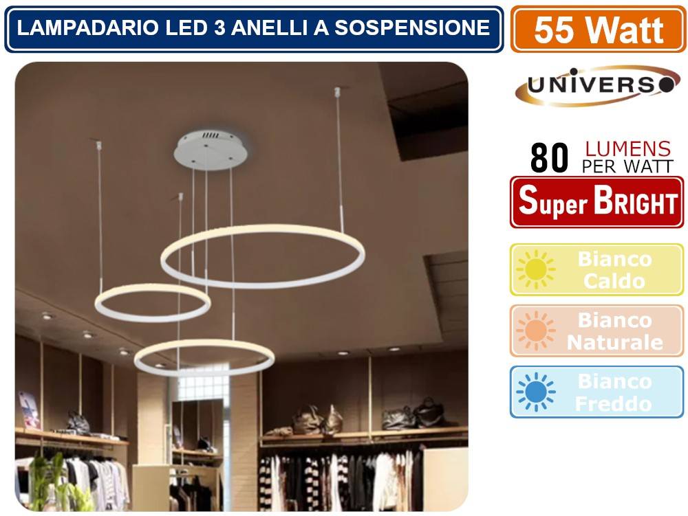 LAMPADARIO LED A SOSPENSIONE MODERNO CON 3 ANELLI ASIMMETRICI CON FINITURABIANCA 55W - COLORE LUCE: BIANCO FREDDO-1