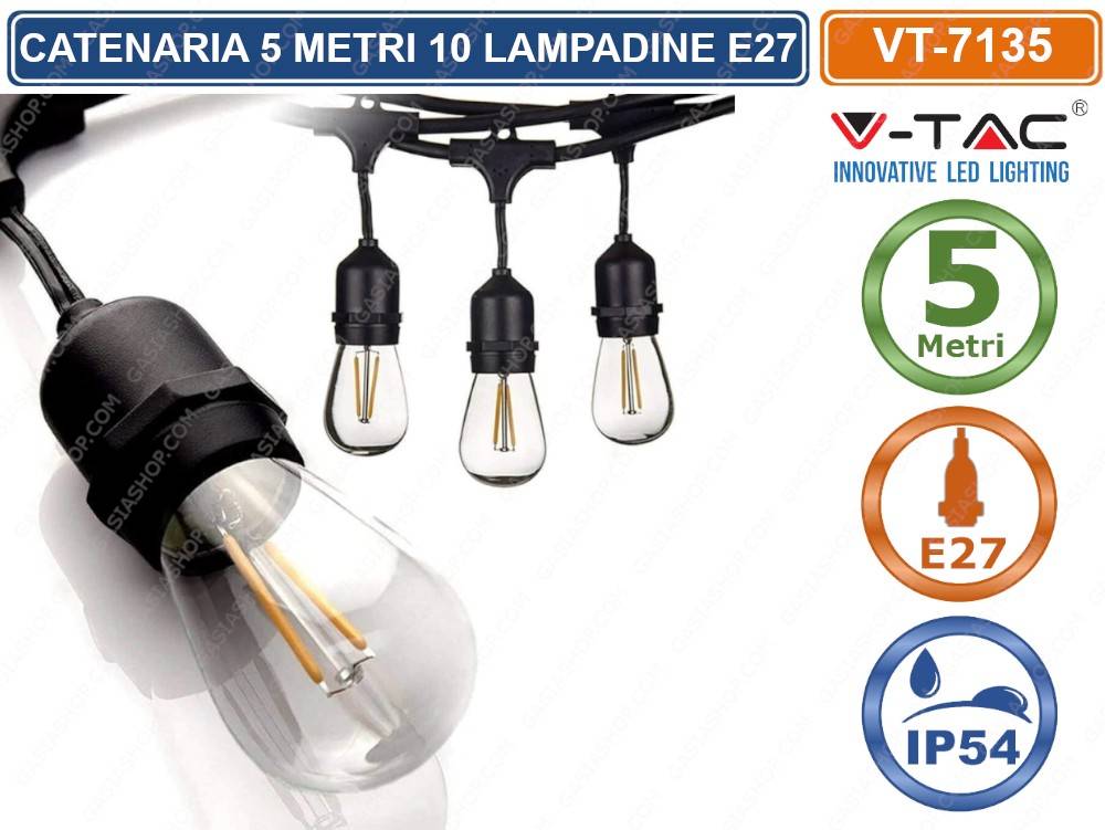 V-TAC VT-7135 CATENA CATENARIA 5 METRI PER 10 LAMPADINE LED E27 PER ESTERNO-0