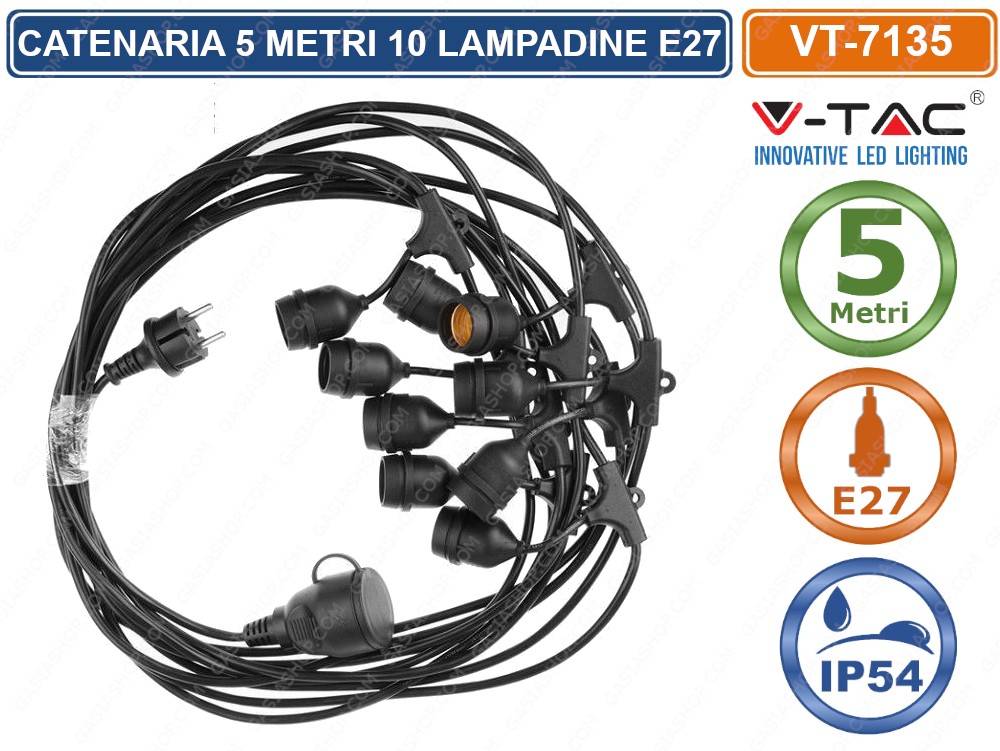 V-TAC VT-7135 CATENA CATENARIA 5 METRI PER 10 LAMPADINE LED E27 PER ESTERNO-1