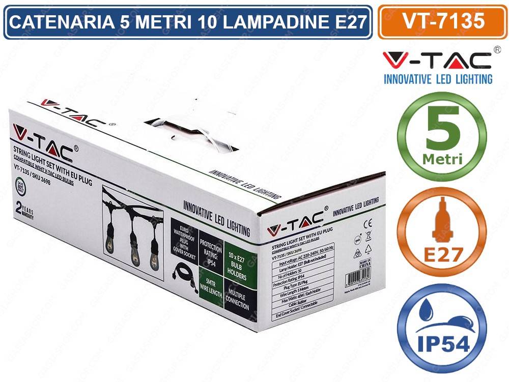V-TAC VT-7135 CATENA CATENARIA 5 METRI PER 10 LAMPADINE LED E27 PER ESTERNO-2