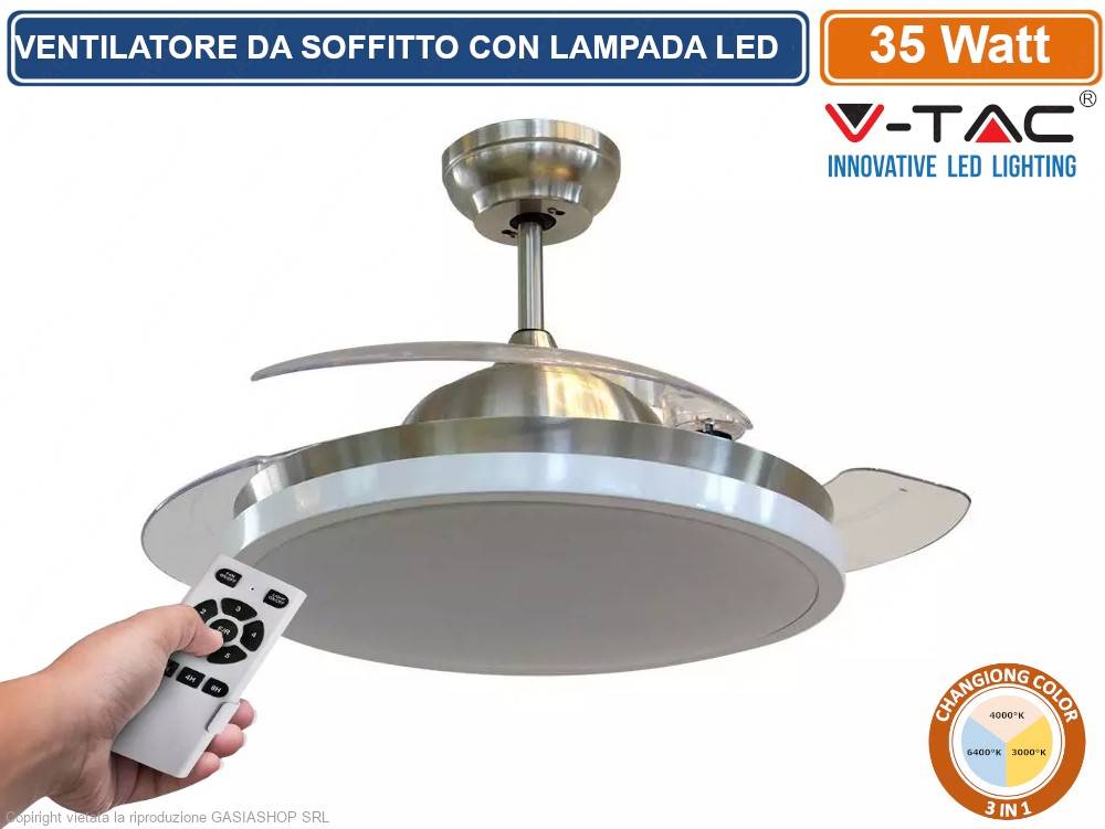 V-TAC VT-3042-3 VENTILATORE DA SOFFITTO 35W CON LAMPADA LED 30W 3IN1 CHANGING COLOR E TELECOMANDO-0