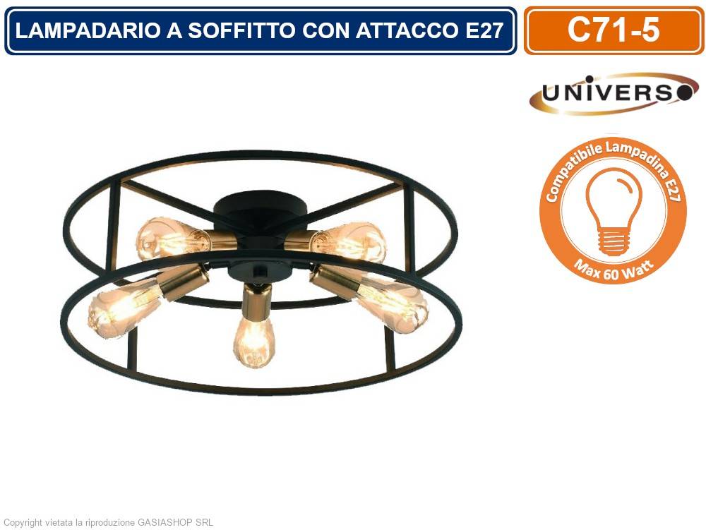 PLAFONIERA LAMPADARIO DA SOFFITTO CIRCOLARE STILE INDUSTRIALE CON 5 ATTACCHI PER LAMPADINE E27-0