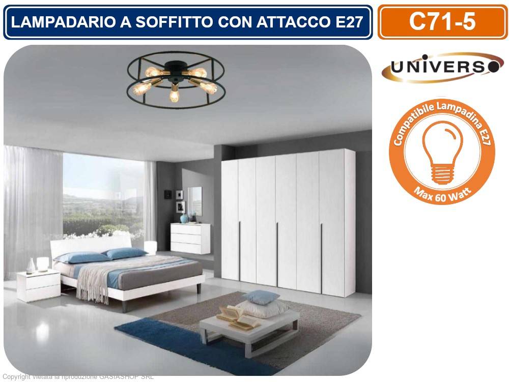 PLAFONIERA LAMPADARIO DA SOFFITTO CIRCOLARE STILE INDUSTRIALE CON 5 ATTACCHI PER LAMPADINE E27-1