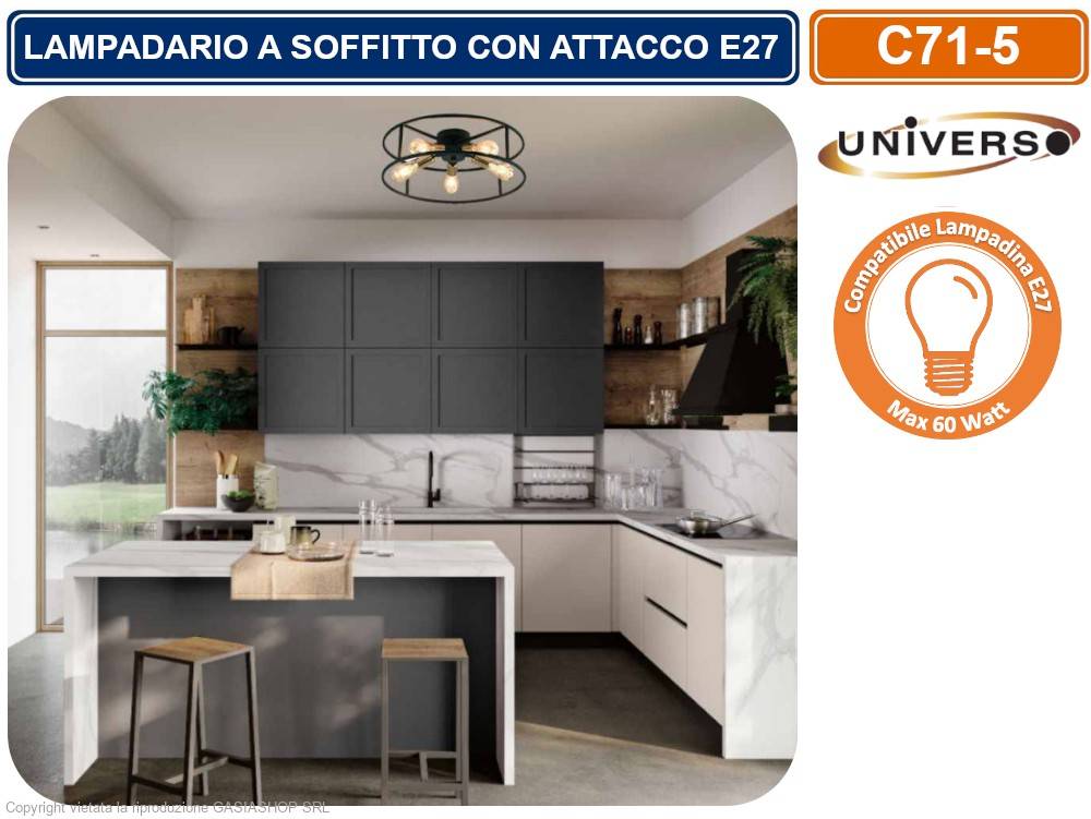 PLAFONIERA LAMPADARIO DA SOFFITTO CIRCOLARE STILE INDUSTRIALE CON 5 ATTACCHI PER LAMPADINE E27-2