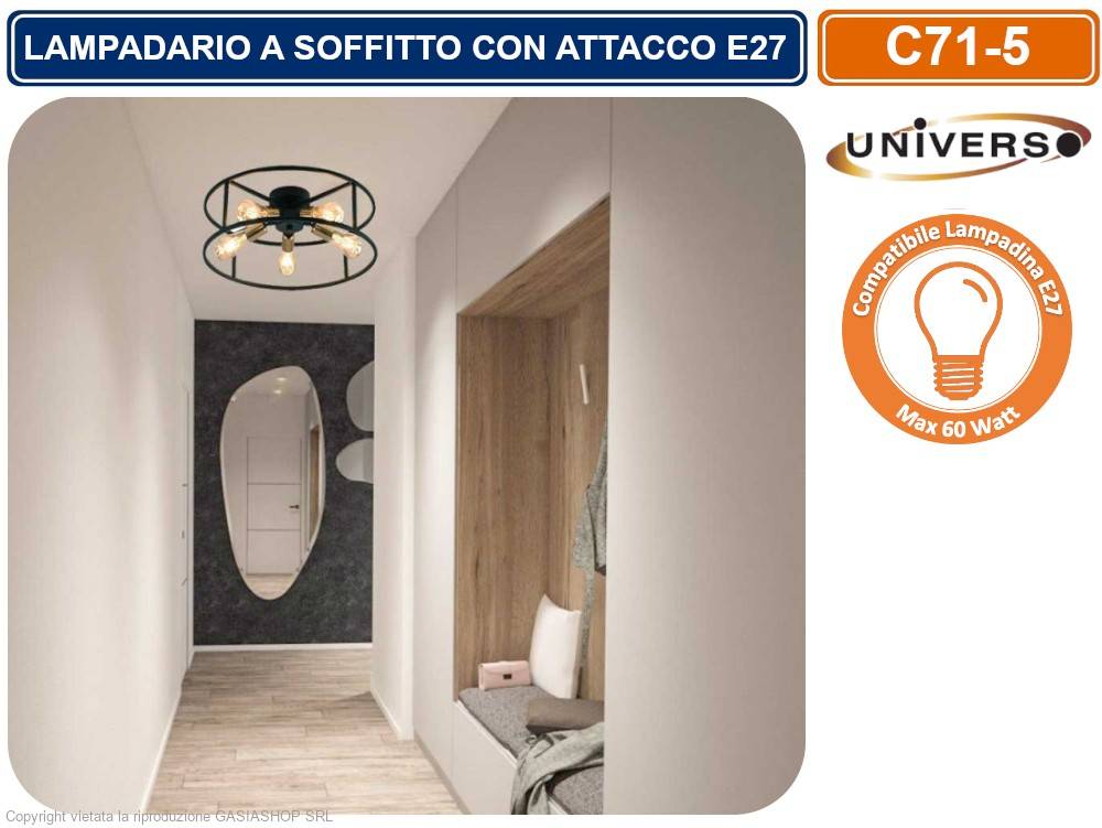 PLAFONIERA LAMPADARIO DA SOFFITTO CIRCOLARE STILE INDUSTRIALE CON 5 ATTACCHI PER LAMPADINE E27-3