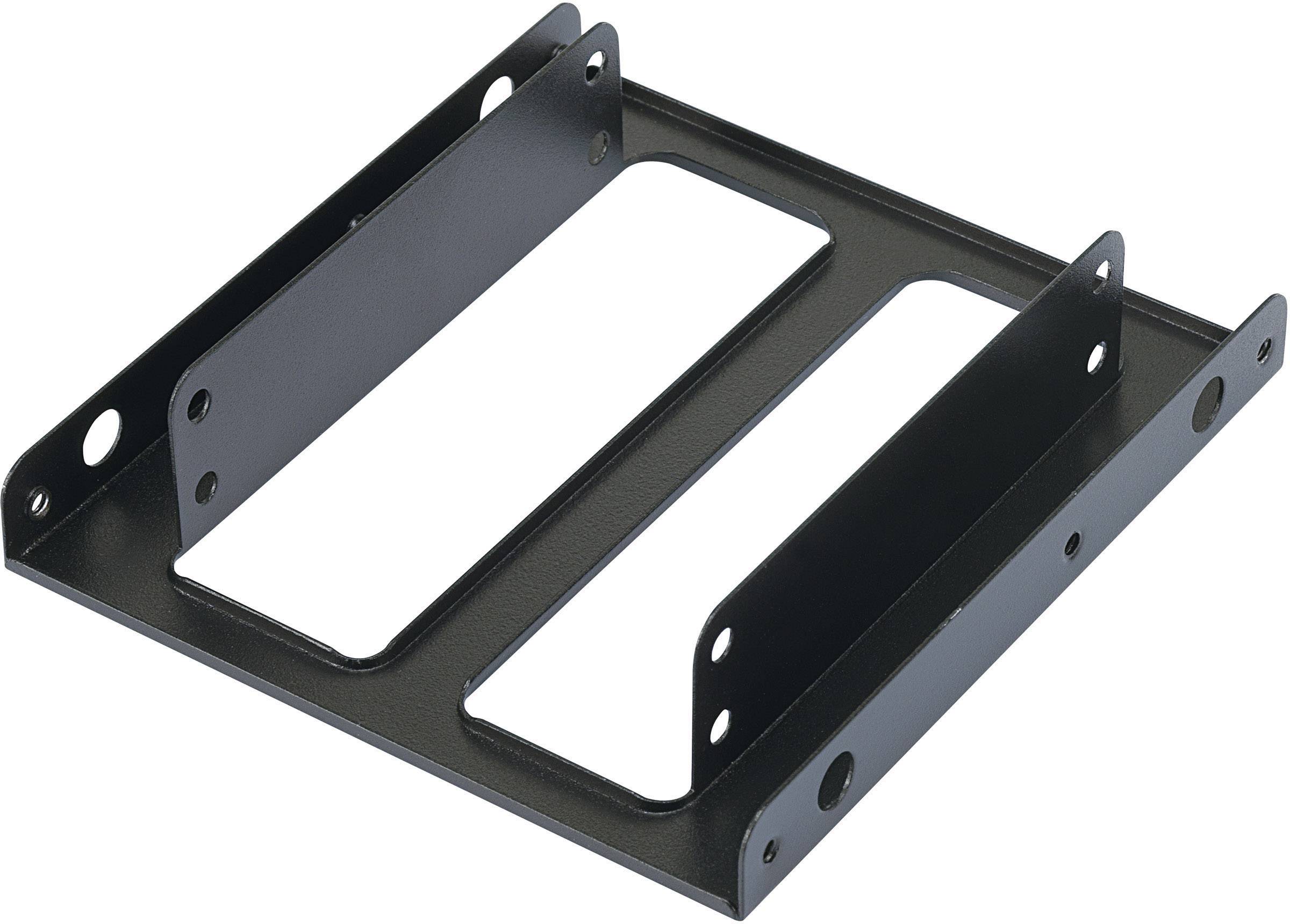 Staffa metallica nera per l'installazione di hard disk all'interno di un case per computer, compatibile con alloggiamenti standard da 3,5 pollici.