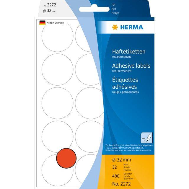 HERMA - Etichette di carta autoadesive rotonde - Rosso - 32 mm rotonde 480 etichetta(e) (32 fogli x 15) (2272)-9