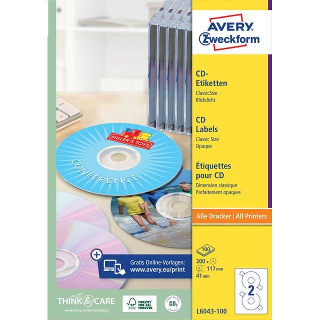 AVERY Nutzform Etichette per CD Etichette per CD, bianche, 117 mm 200 pezzi L6043-100 bianco-5
