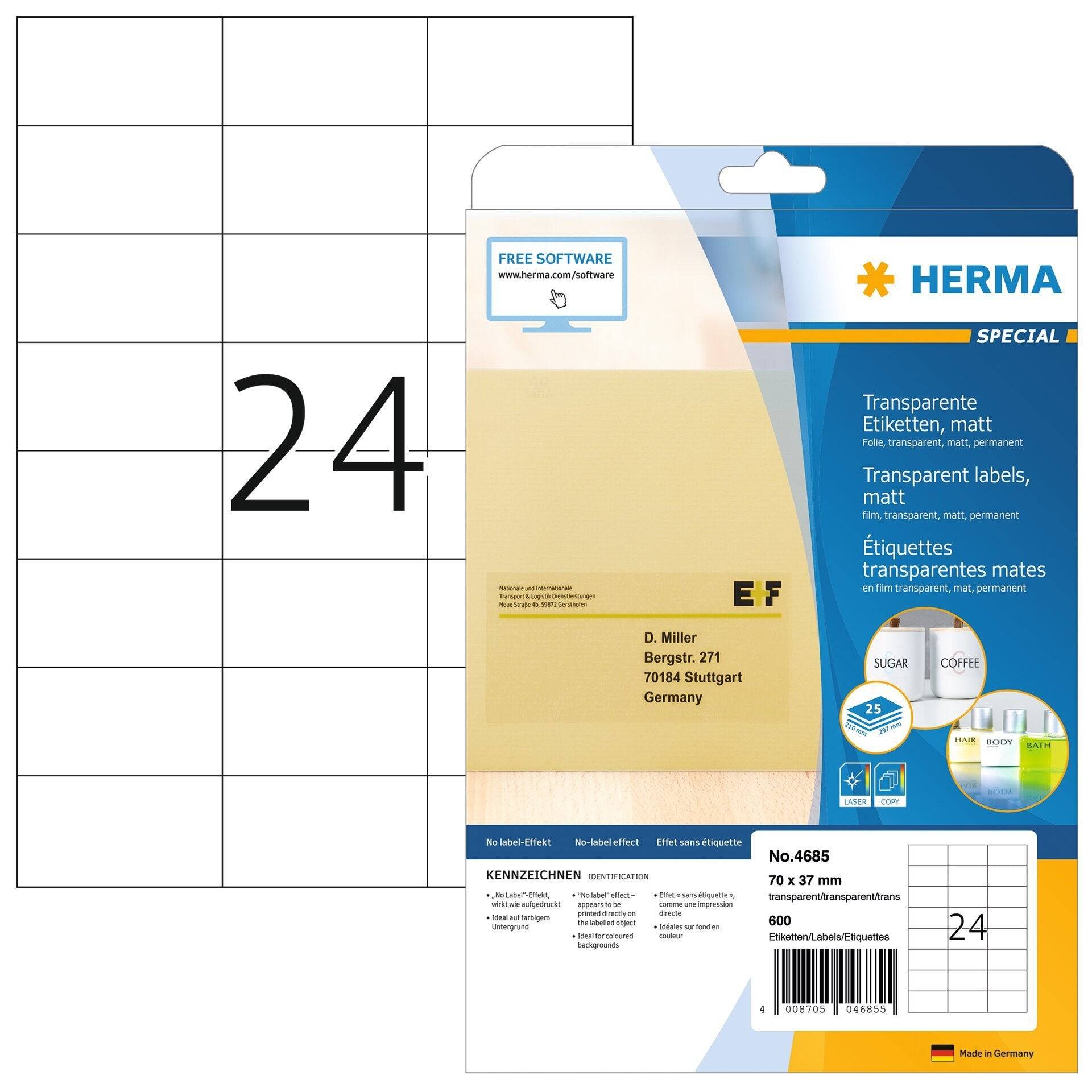 HERMA SuperPrint - Folienetiketten - durchsichtig - 37 x 70 mm - 600 Stck. (25 Bogen x 24) (4685)-9