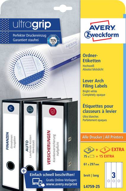 Avery L4759 - Aktenetiketten - weiß - 61 x 297 mm 75 Stck. (25 Bogen x 3) (L4759-25)-2