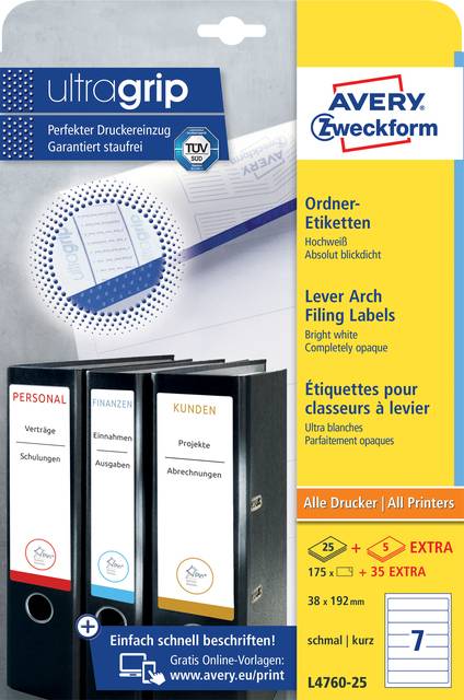 Avery File Folder Labels - Aktenetiketten - weiß - 192 x 38 mm 100 Etikett(en) (25 Bogen x 7) (L4760-25)-2