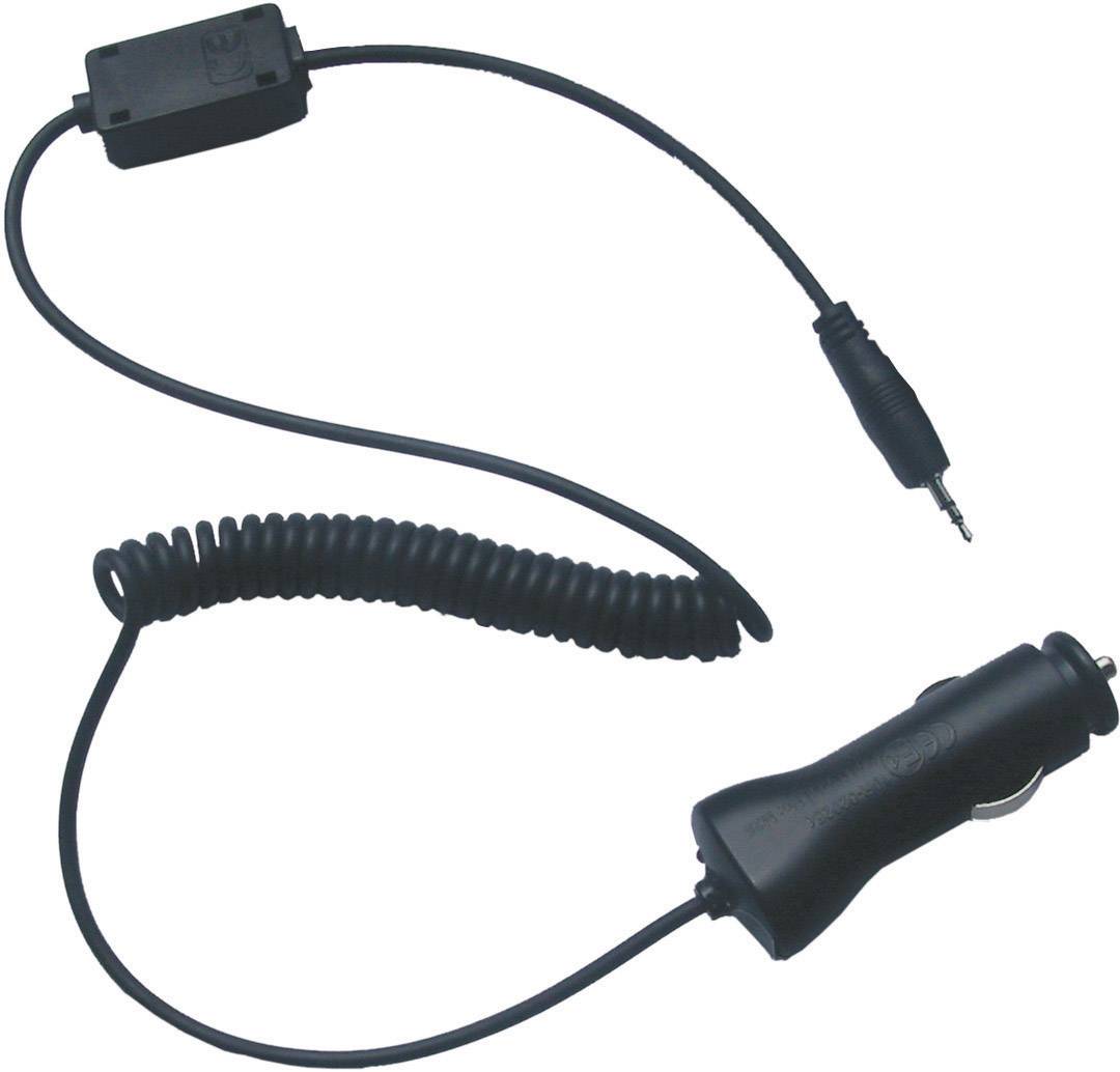 Caricabatterie per auto con cavo a spirale, spina 12V e jack da 3,5 mm per connessioni audio o di ricarica in veicoli.