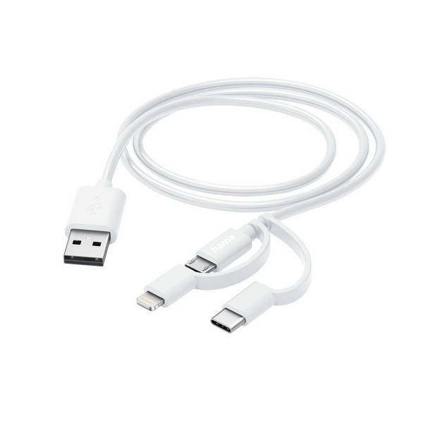 Hama 3-in-1 Multi Charging Cable - USB-A to USB-C/Micro USB/Lightning, Quick Charge, 1 Metre, White