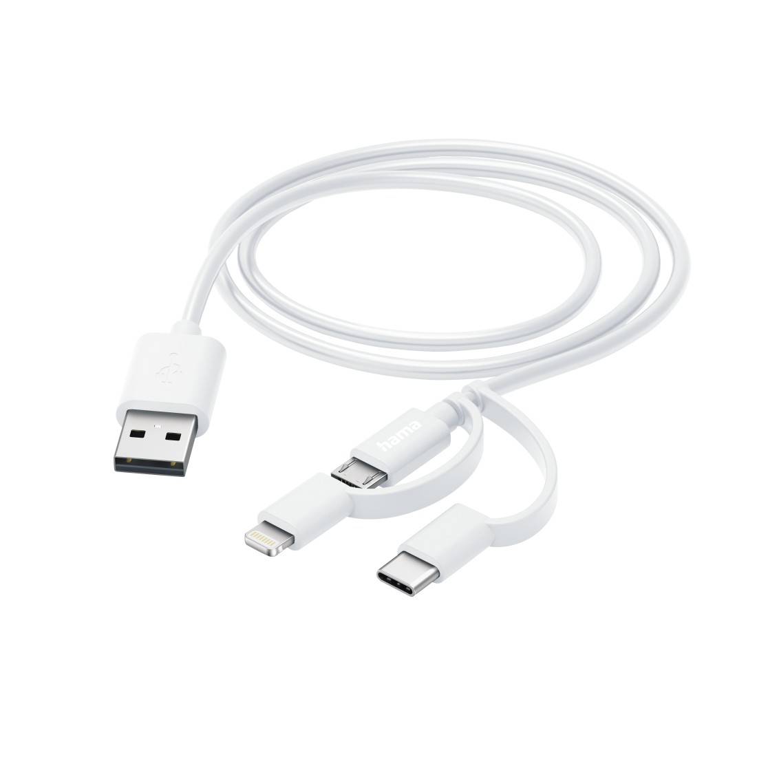Hama 3-in-1 Multi Charging Cable - USB-A to USB-C/Micro USB/Lightning, Quick Charge, 1 Metre, White-0