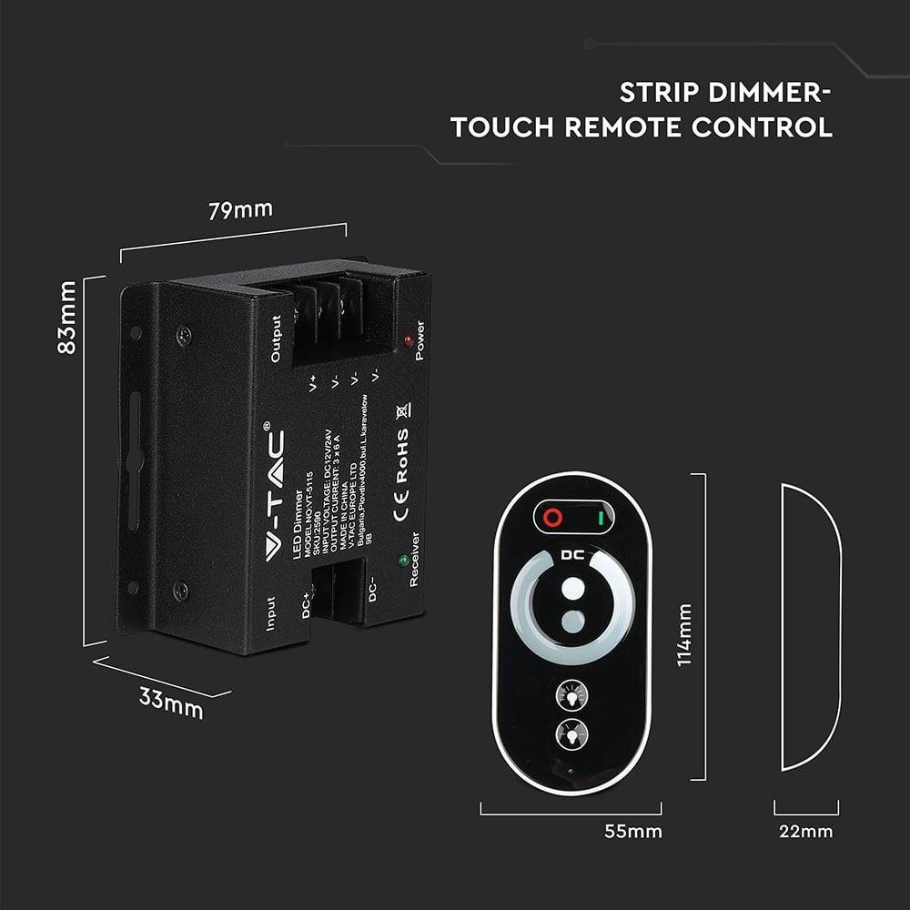 V-TAC Controller Dimmer RF 2.4GHz Strip LED Monocolore 12-24V 6A + Telecomando-3