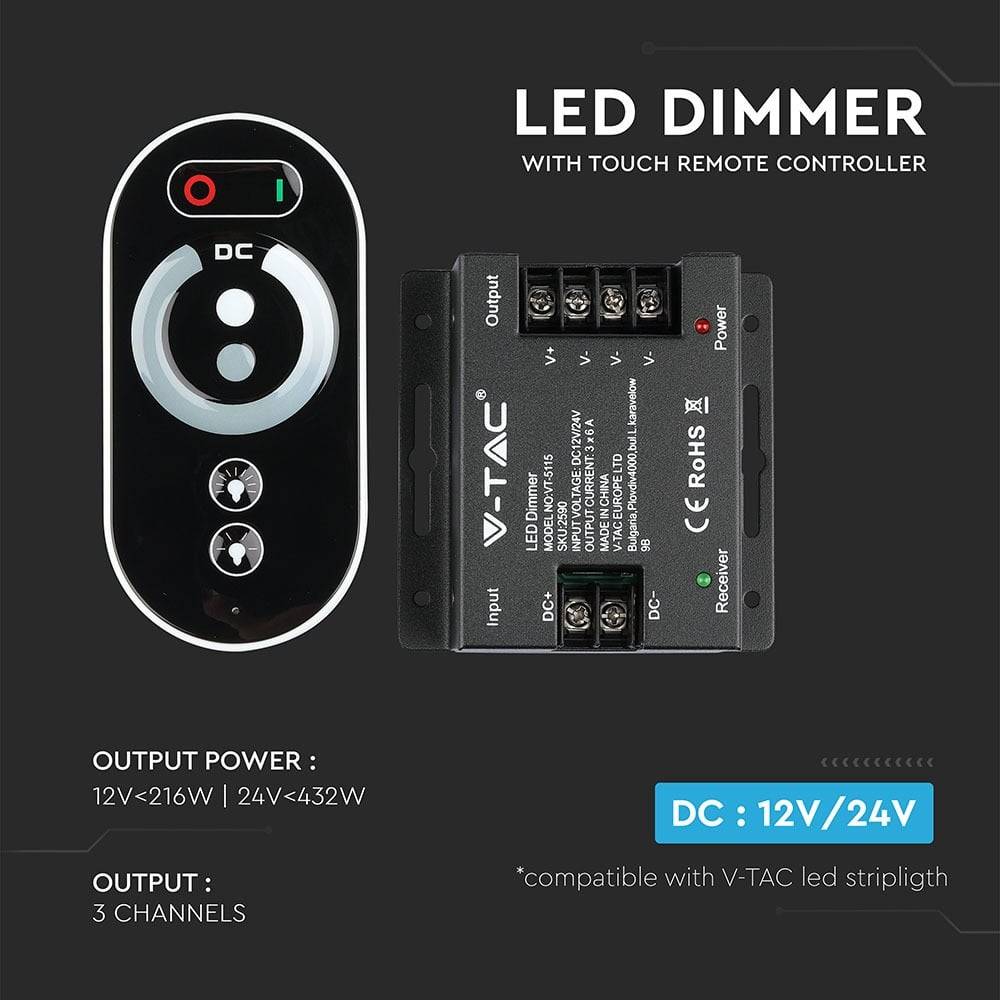 V-TAC Controller Dimmer RF 2.4GHz Strip LED Monocolore 12-24V 6A + Telecomando-4