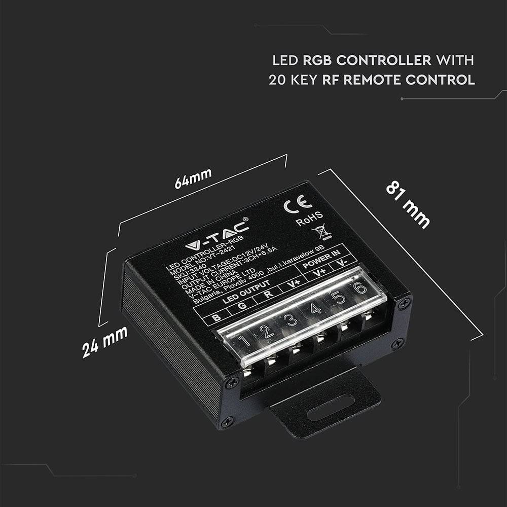V-TAC Controller Dimmer RF 2.4GHz Strip LED RGB 12-24V 19,5A con Telecomando-2