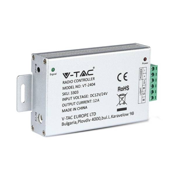 V-TAC Controller Dimmer RF 2.4GHz Strip LED RGB 12-24V 12A + Telecomando
