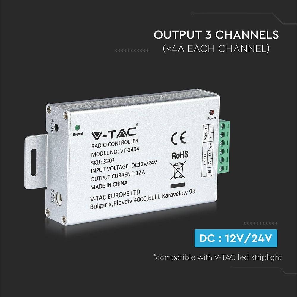 V-TAC Controller Dimmer RF 2.4GHz Strip LED RGB 12-24V 12A + Telecomando-4