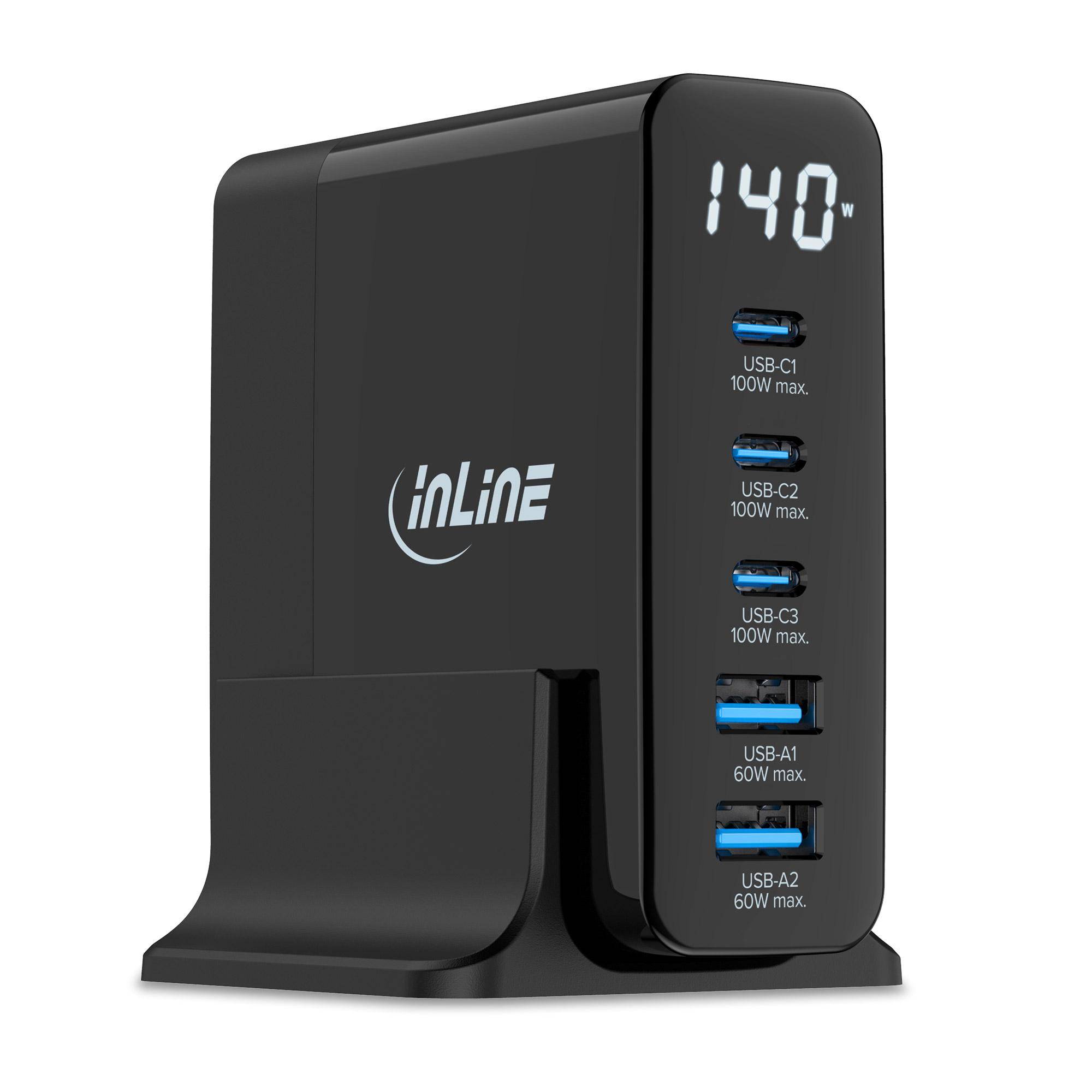 InLine Alimentatore USB PD caricatore GaN 5 porte USB-CUSB-A 140W display-0