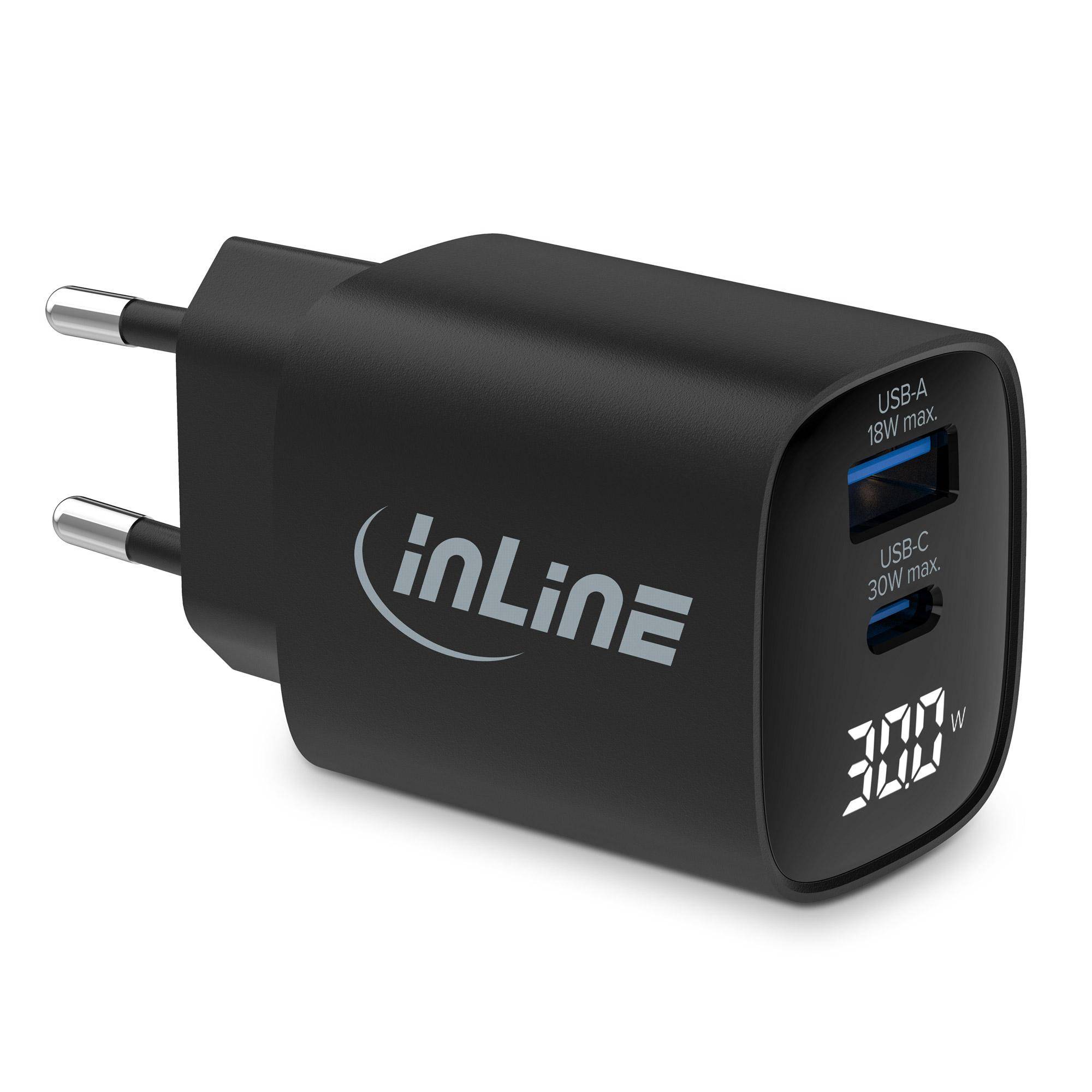 InLine Alimentatore USB PD caricatore GaN 2 porte USB-C USB-A 30W display-0