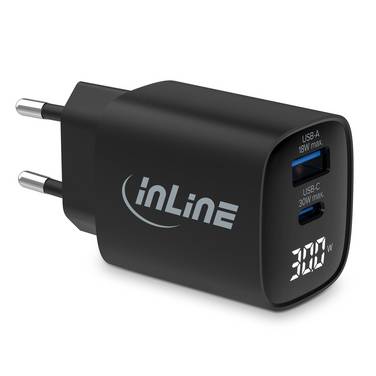 InLine Alimentatore USB PD caricatore GaN 2 porte USB-C USB-A 30W display