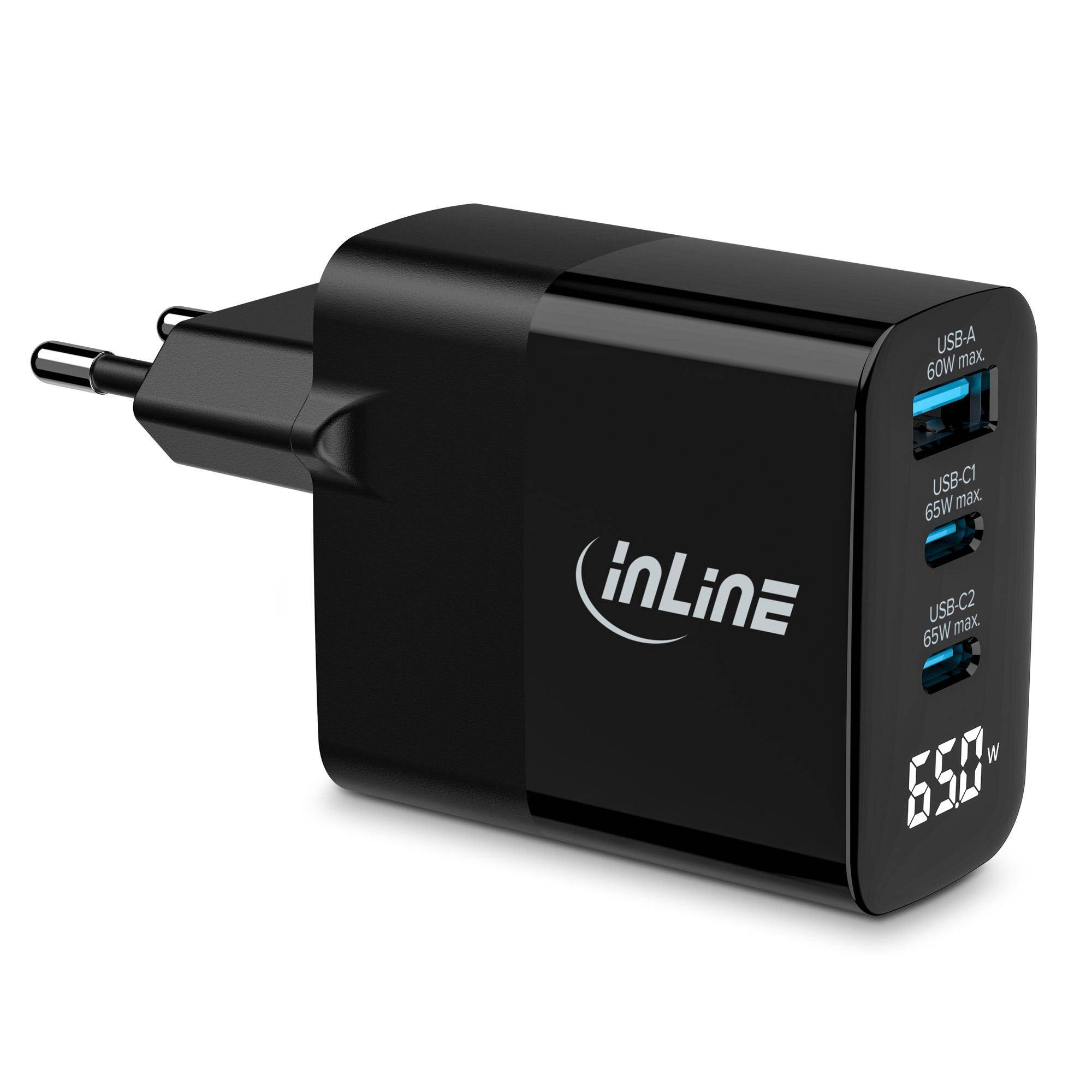 InLine Alimentatore USB PD caricatore GaN 3 porte USB-C USB-A 65W display-0