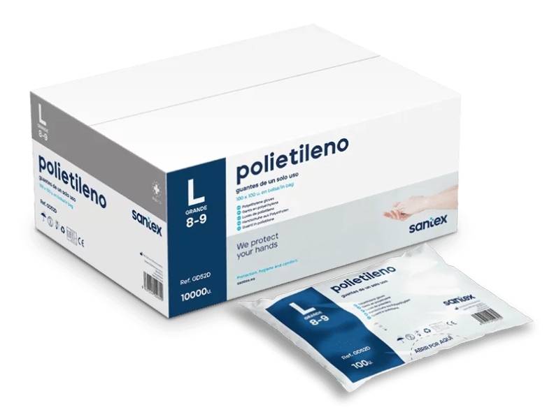 Santex Polietilene Confezione da 100 Guanti in Polietilene Taglia L - Senza Polvere - Senza Lattice - Non Sterili - Tras-0