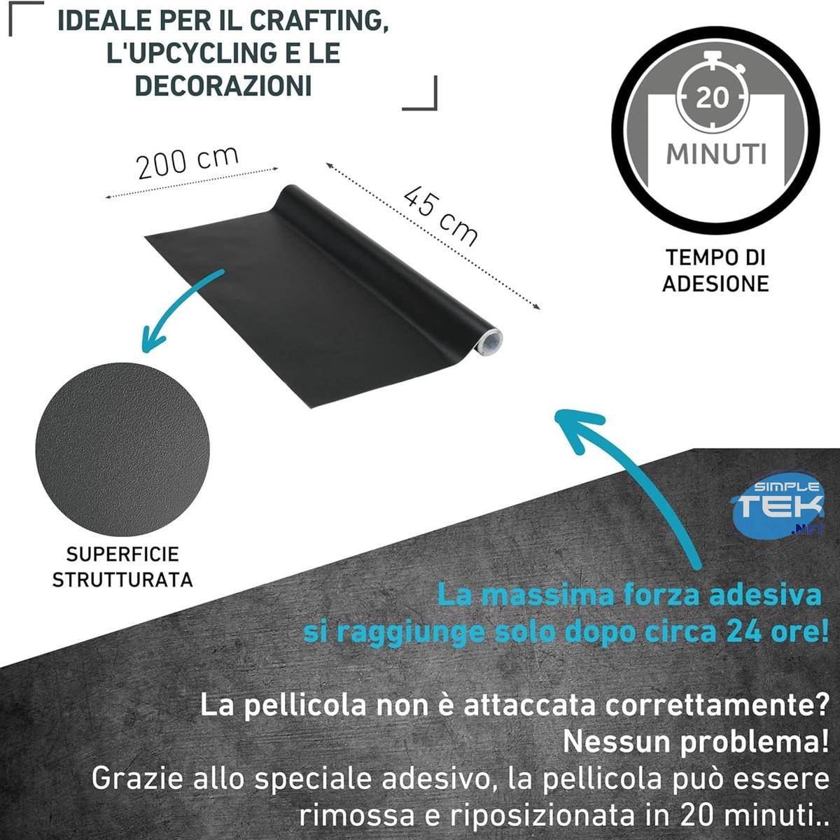 Pellicola Adesiva Nera Opaca 45cm X 2m 0,16mm Rotolo Nero Autoadesivo Pvc-2