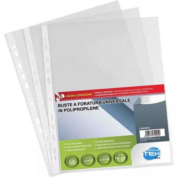 50 X Buste Forate Alto Spessore 22x30 Per Raccoglitori Ad Anelli Documenti