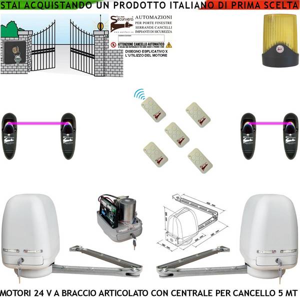 Cancello Automatico Kit Motori a Braccio Articolato 24 V 2 Ante da 0,5 a 2,5 MT Centrale 220/24 V Selettore 5 Radiocom