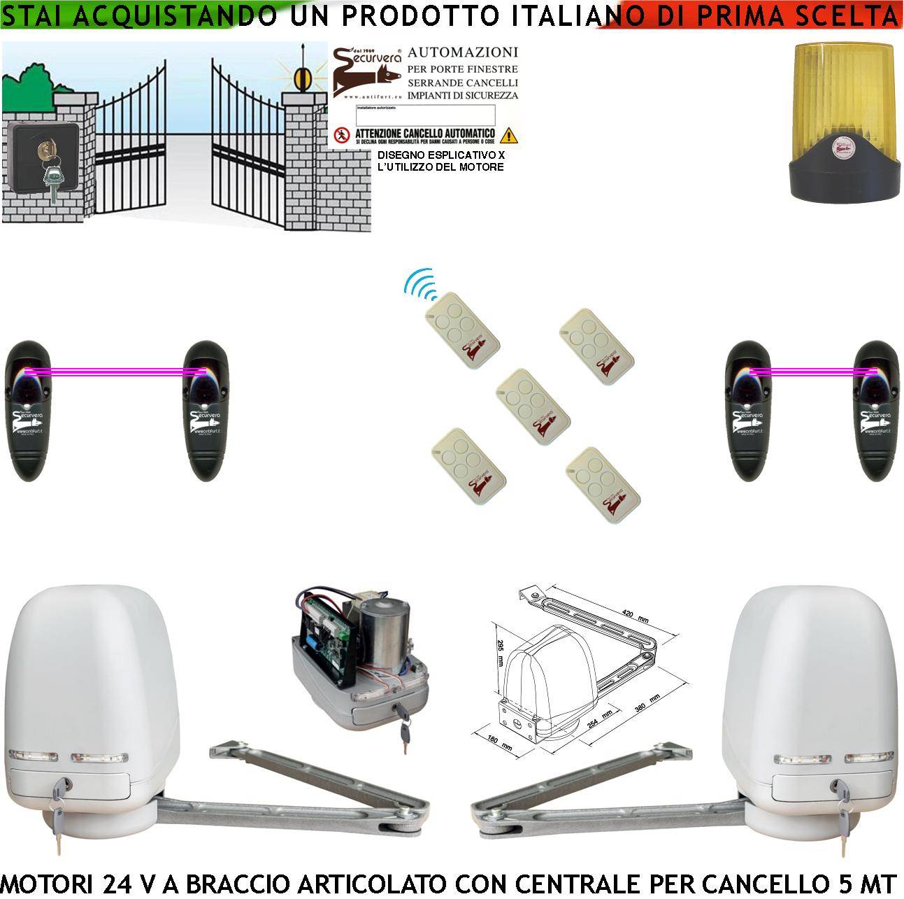 Cancello Automatico Kit Motori a Braccio Articolato 24 V 2 Ante da 0,5 a 2,5 MT Centrale 220/24 V Selettore 5 Radiocom-0