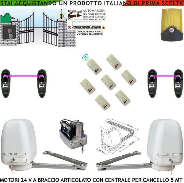 Kit 2 Motori a Braccio Articolato 24 V Cancello Automatico 2 Ante da 0,5 a 2,5 MT Centrale 220/24 V 7 Radiocomandi Far