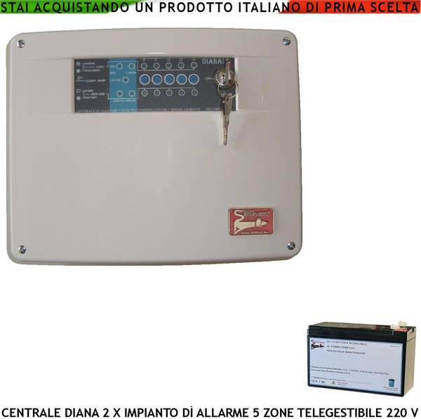 Diana Centrale 5 Zone Allarme Chiave Meccanica Batteria 12 V 7 Ah per Impianto Antifurto Filare. Gestisce Sensori Ingr