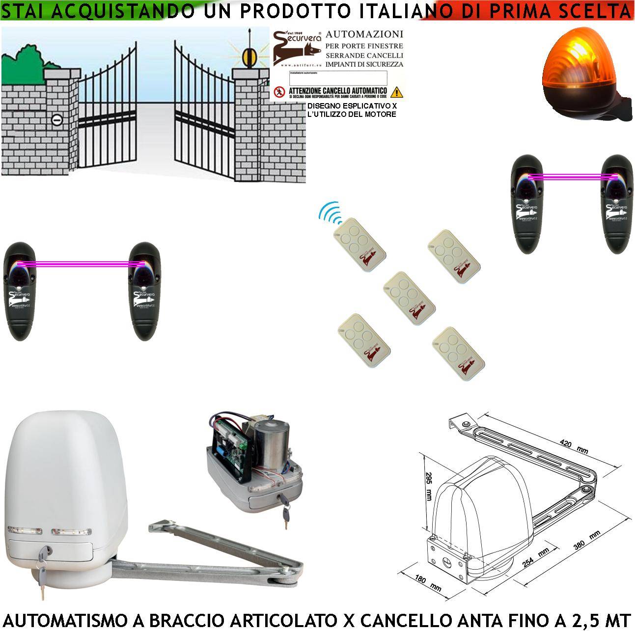 AUTOMATISMO CANCELLO KIT MOTORE A BRACCIO ARTICOLATO 220/24 V ANTA BATTENTE DA 0,5 A 2,5 MT CENTRALE 5 RADIOCOMANDI FA-0